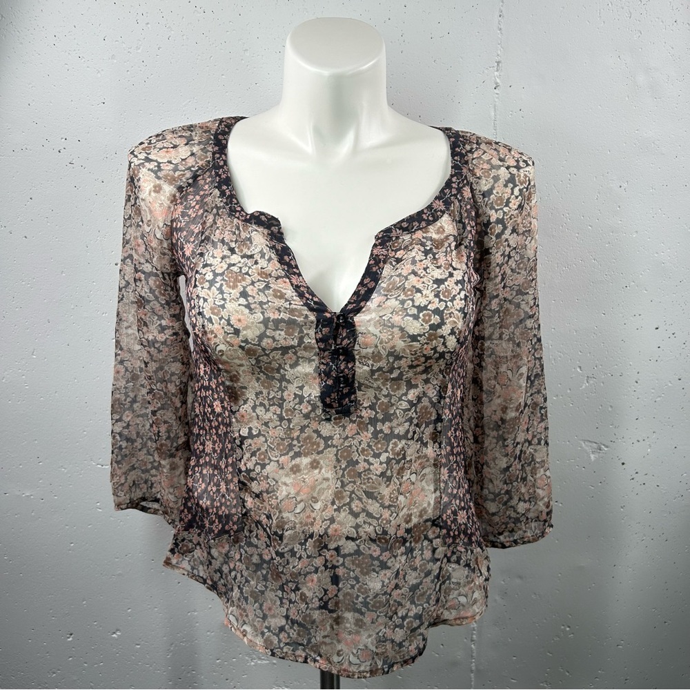 American Eagle Floral Sheer 3/4 Sleeve Blouse Top S